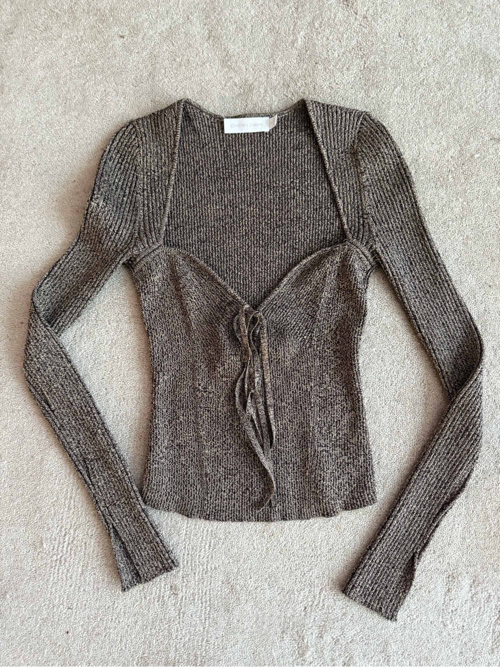 Jonathan Simkhai Taupe Ribbed V-Neck Tie-Front Long Sleeve Top